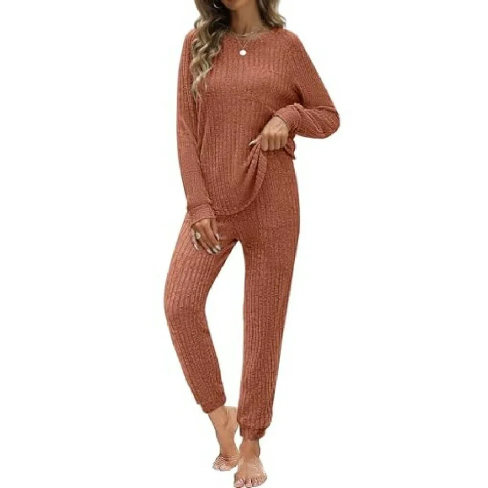 Ribbed Knit Lounge Set Long Sleeve Pajama Jogger Sweatsuit
